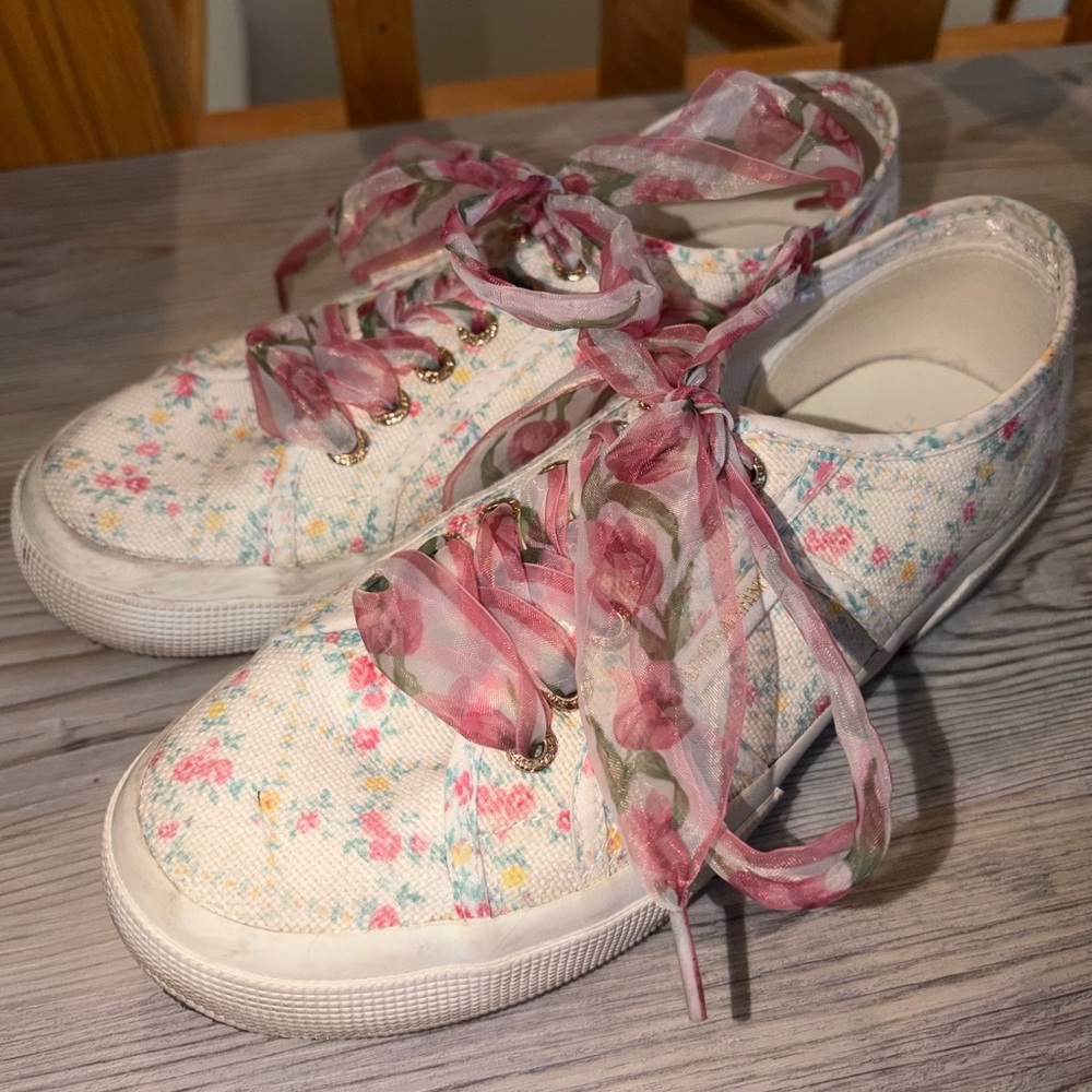 Superga x LoveShackFancy Floral Canvas Sneakers with Pink Ribbon Laces